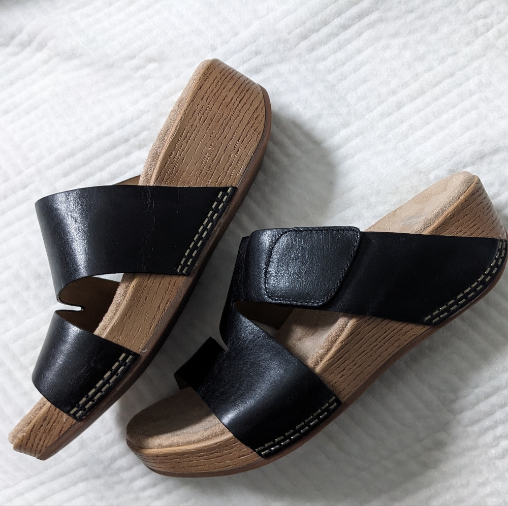 Dansko Black Leather Slide Mules with Wood-Effect Wedge - Picture 8 of 13